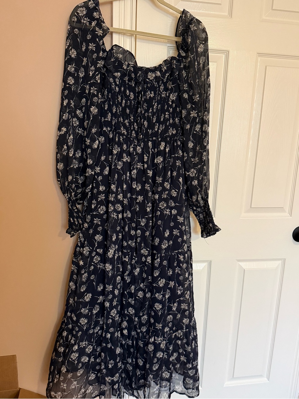 Pink Blush Maternity In Loom Navy Floral Smocked Midi Dress- baby shower- EUC